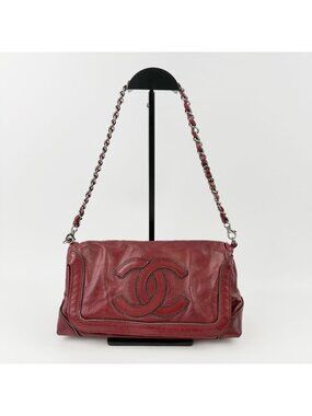 Chanel CC Logo Chain Shoulder Bag Leather Red Silver Vintage